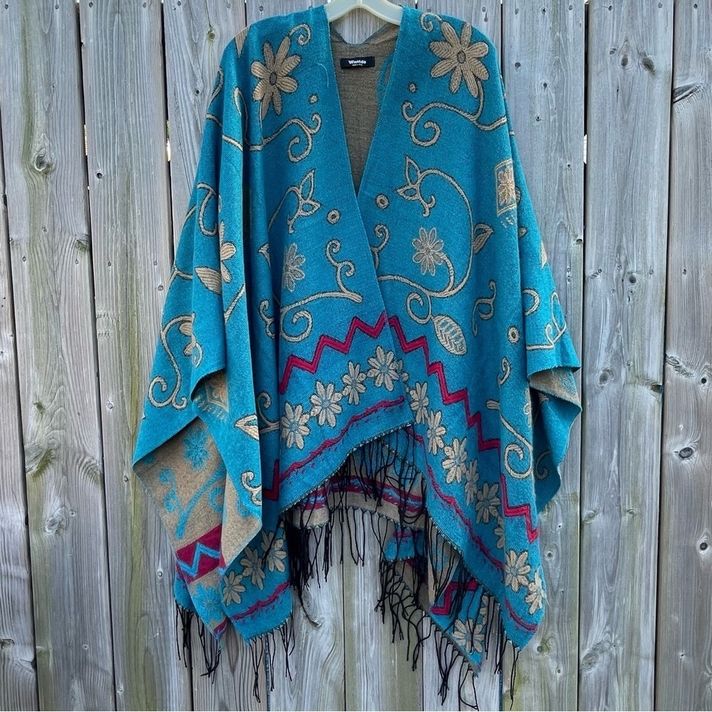 MPashmina Floral Fringed Shawl - Turquoise & Tan